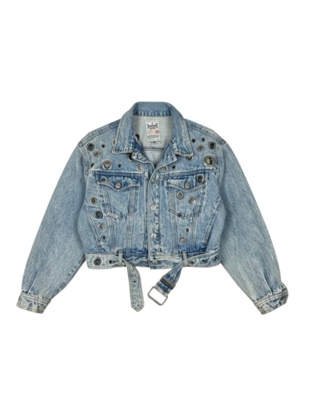 Vintage Acid Wash Denim Jacket Cropped Grommet Studded Belted 80s 90 Medium